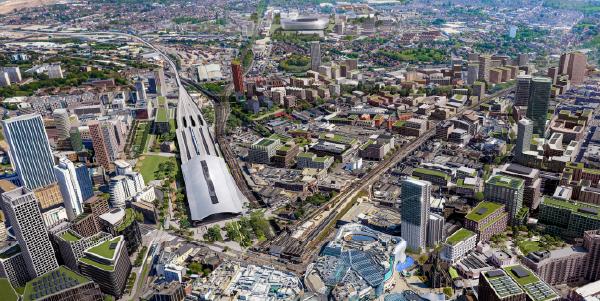 Artist impression of future aerial view across birmingham