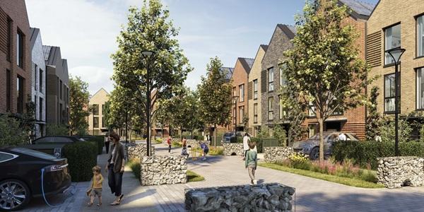 Artist impression of regenerated housing area in Ladywood, showing a wide paved street with houses, trees and shrubs, and electric cars being charged