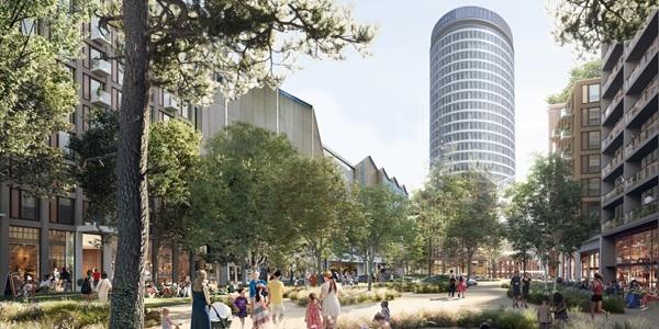 Artist impression of a public space in Birmingham, with the rotunda in the background