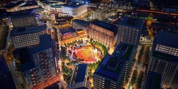 Artist impression of an aerial view of Smithfield at night