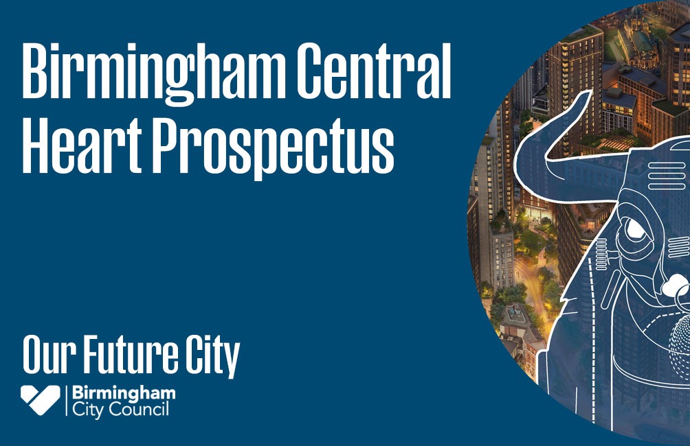 Image of the Central Heart Prospectus front page. It has a dark blue background with a semi circular image of Birmingham City Centre to the right hand side with a dark blue graphic of Ozzy the Bull in the foreground.