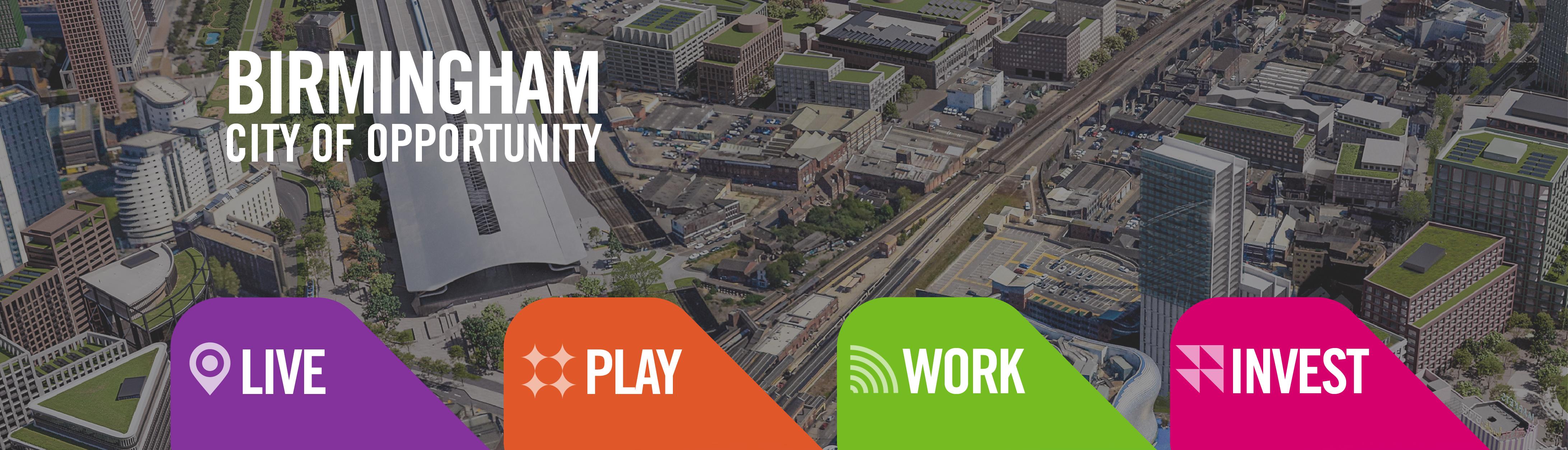Investment summit branding, strapline Live Play Work Invest on a backdrop of an aerial view of Birmingham